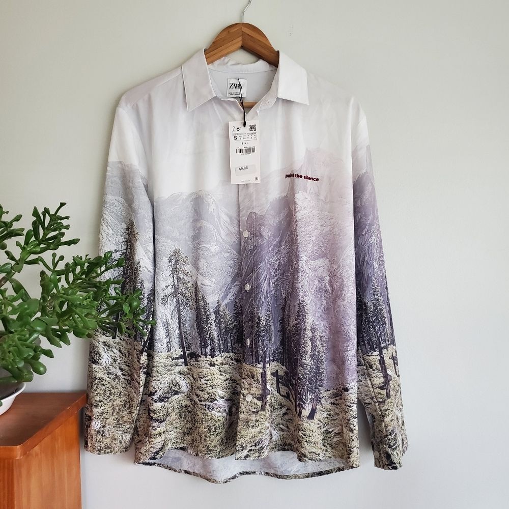 Zara NWT Paint the silence long sleeve collard Button Down Mens shirt size Small